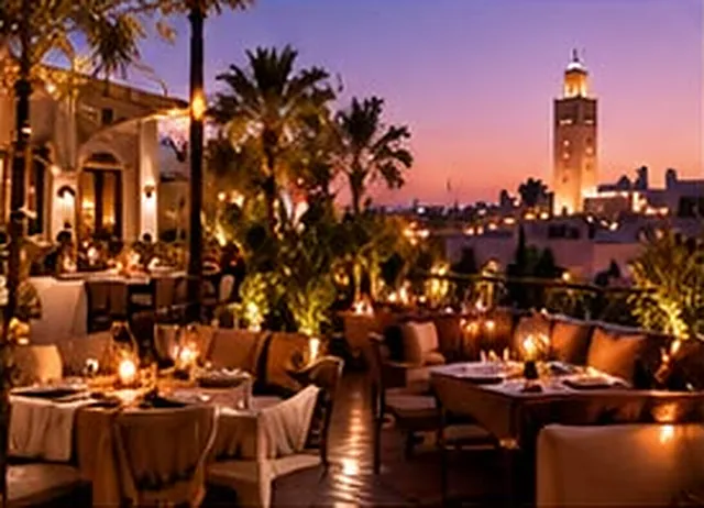 Candlelit restaurant terrace facing the Koutoubia