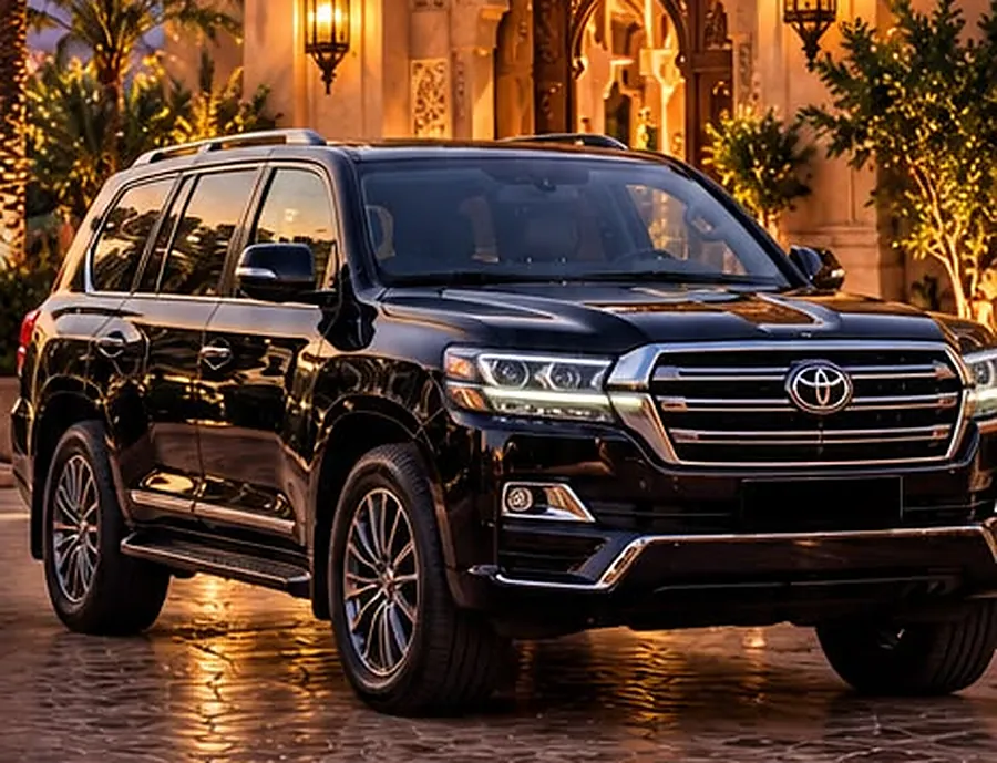 Black 4x4 at a Moroccan kasbah gate at sunset